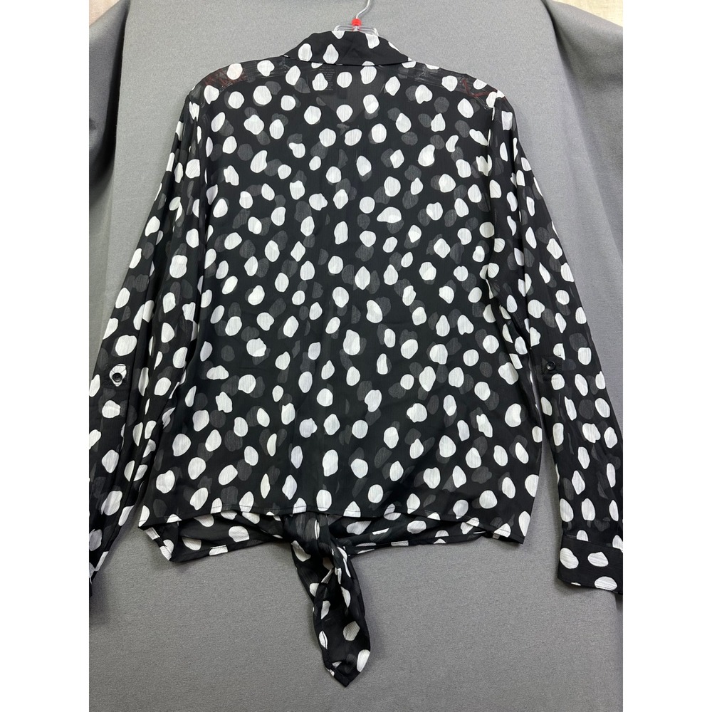 New Directions Women XL Polka Dot Tie Front Sheer Button Down Blouse Black White
